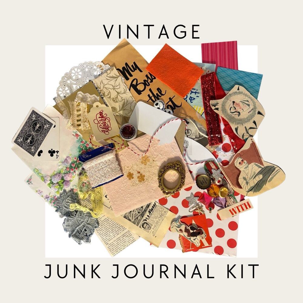 Vintage Junk Journal Kit Mystery Ephemera Lace Fabric Paper 40+ Pc